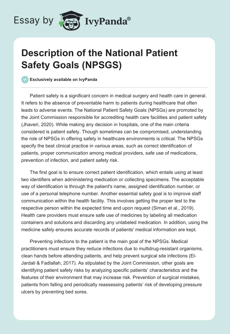 Description of the National Patient Safety Goals (NPSGS). Page 1