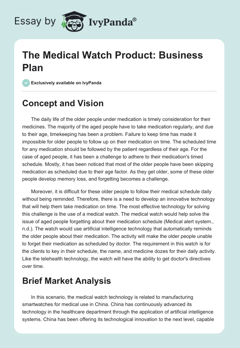 The Medical Watch Product: Business Plan. Page 1