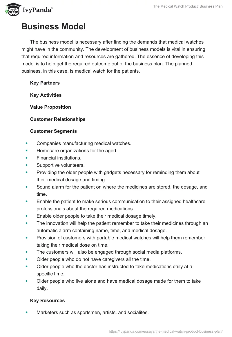 The Medical Watch Product: Business Plan. Page 3