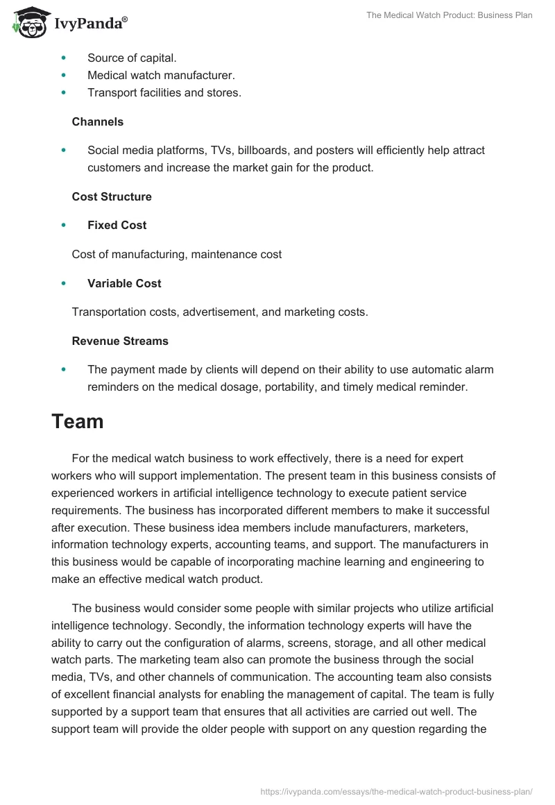 The Medical Watch Product: Business Plan. Page 4