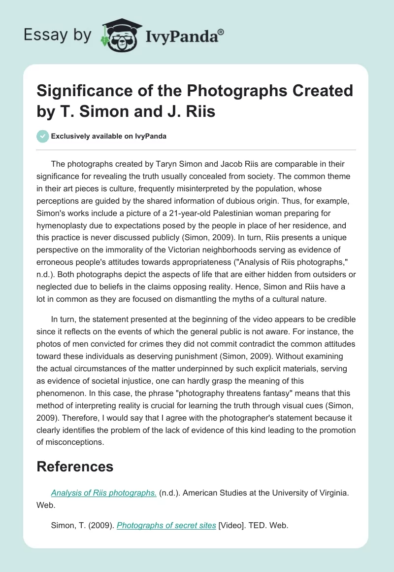 Significance of the Photographs Created by T. Simon and J. Riis. Page 1