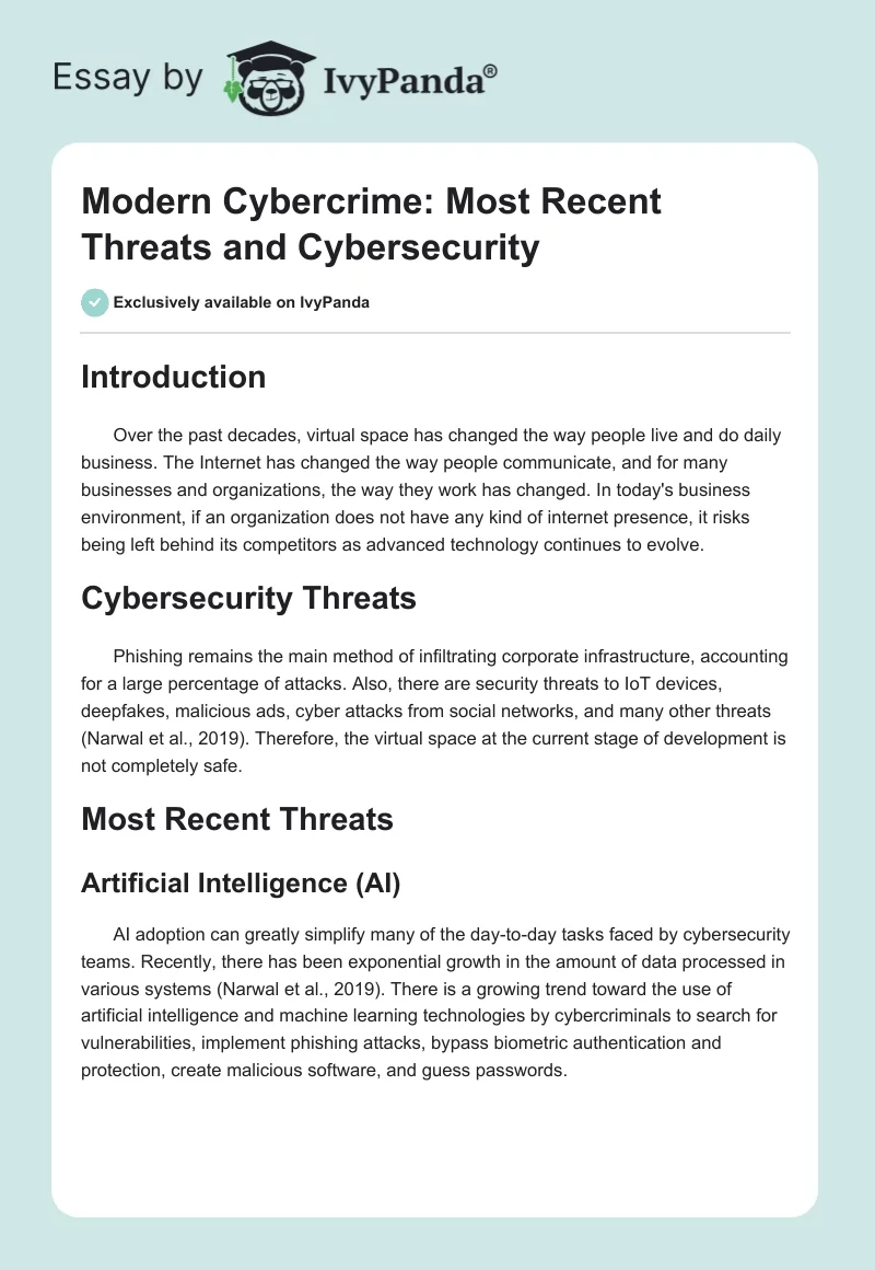 Modern Cybercrime: Most Recent Threats and Cybersecurity. Page 1
