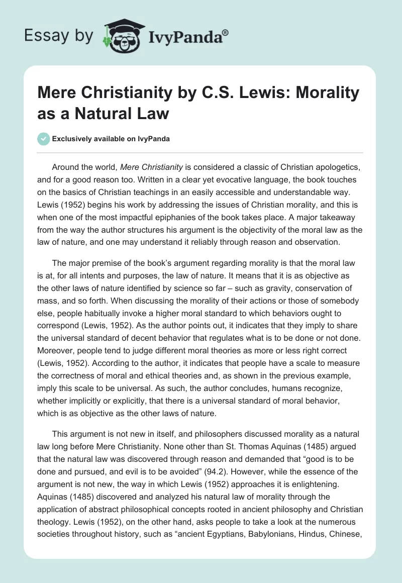 "Mere Christianity" by C.S. Lewis: Morality as a Natural Law. Page 1