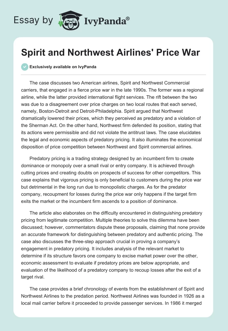 Spirit and Northwest Airlines' Price War. Page 1