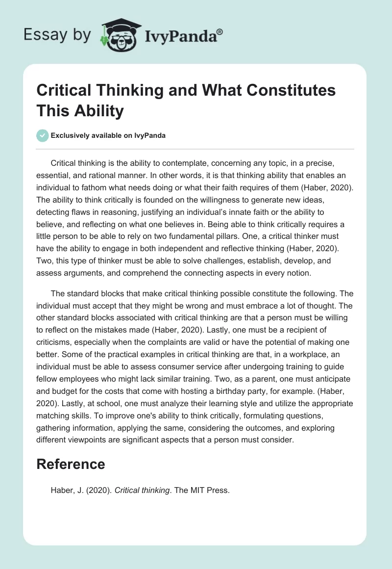 Critical Thinking and What Constitutes This Ability. Page 1