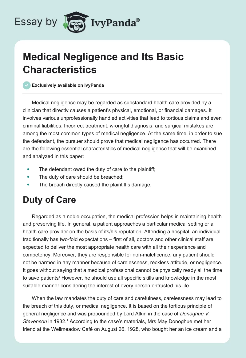 Medical Negligence and Its Basic Characteristics. Page 1