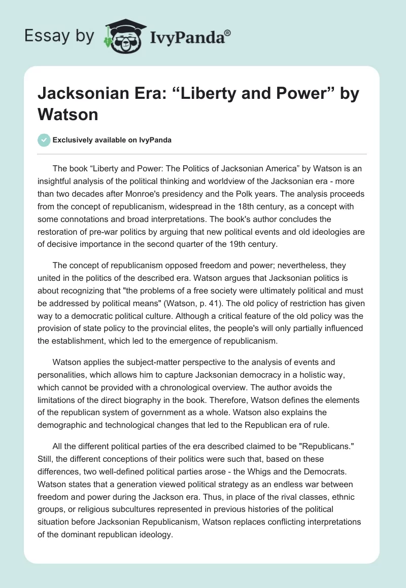 Jacksonian Era: “Liberty and Power” by Watson. Page 1