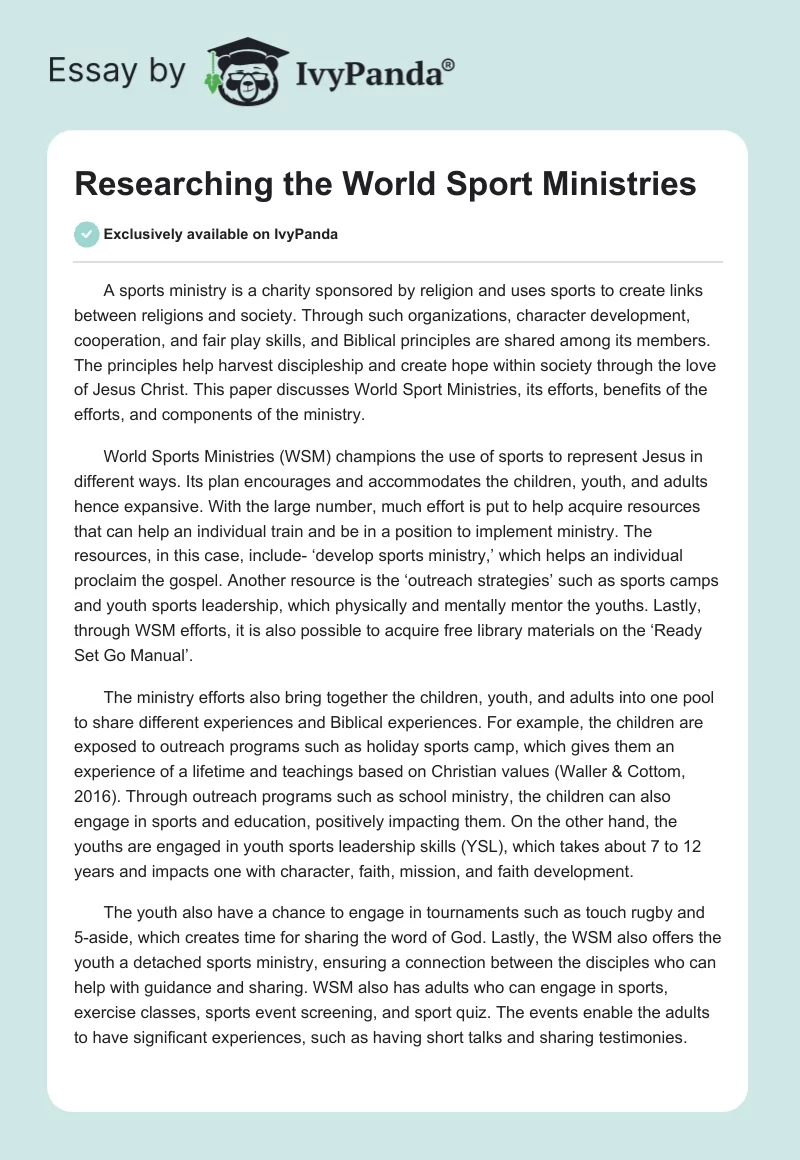 Researching the World Sport Ministries. Page 1