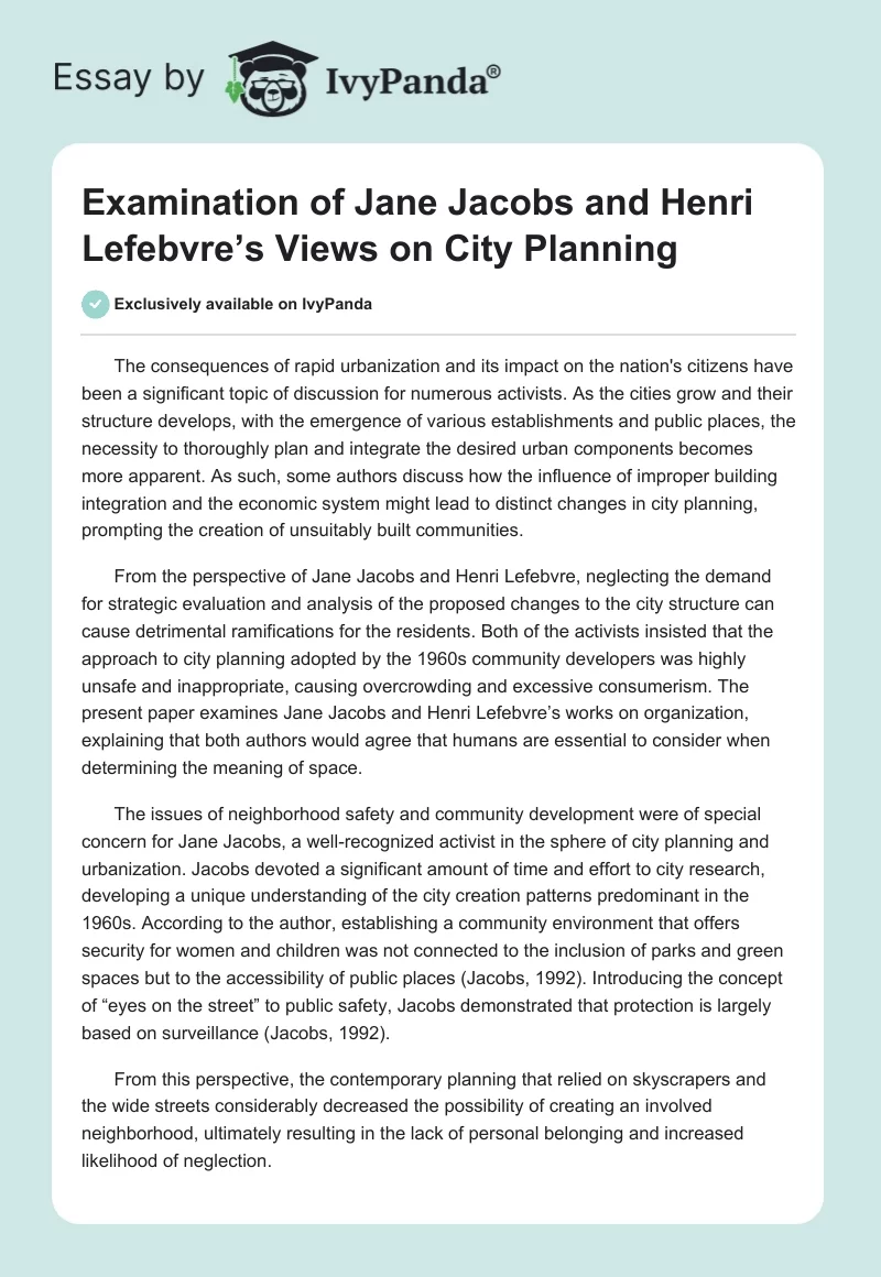 Examination of Jane Jacobs and Henri Lefebvre’s Views on City Planning. Page 1