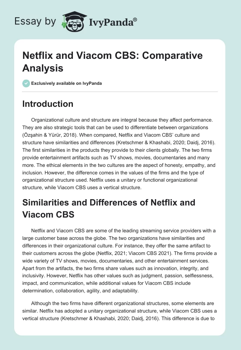 Netflix and Viacom CBS: Comparative Analysis. Page 1
