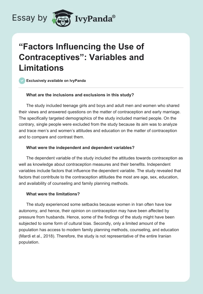 “Factors Influencing the Use of Contraceptives”: Variables and Limitations. Page 1