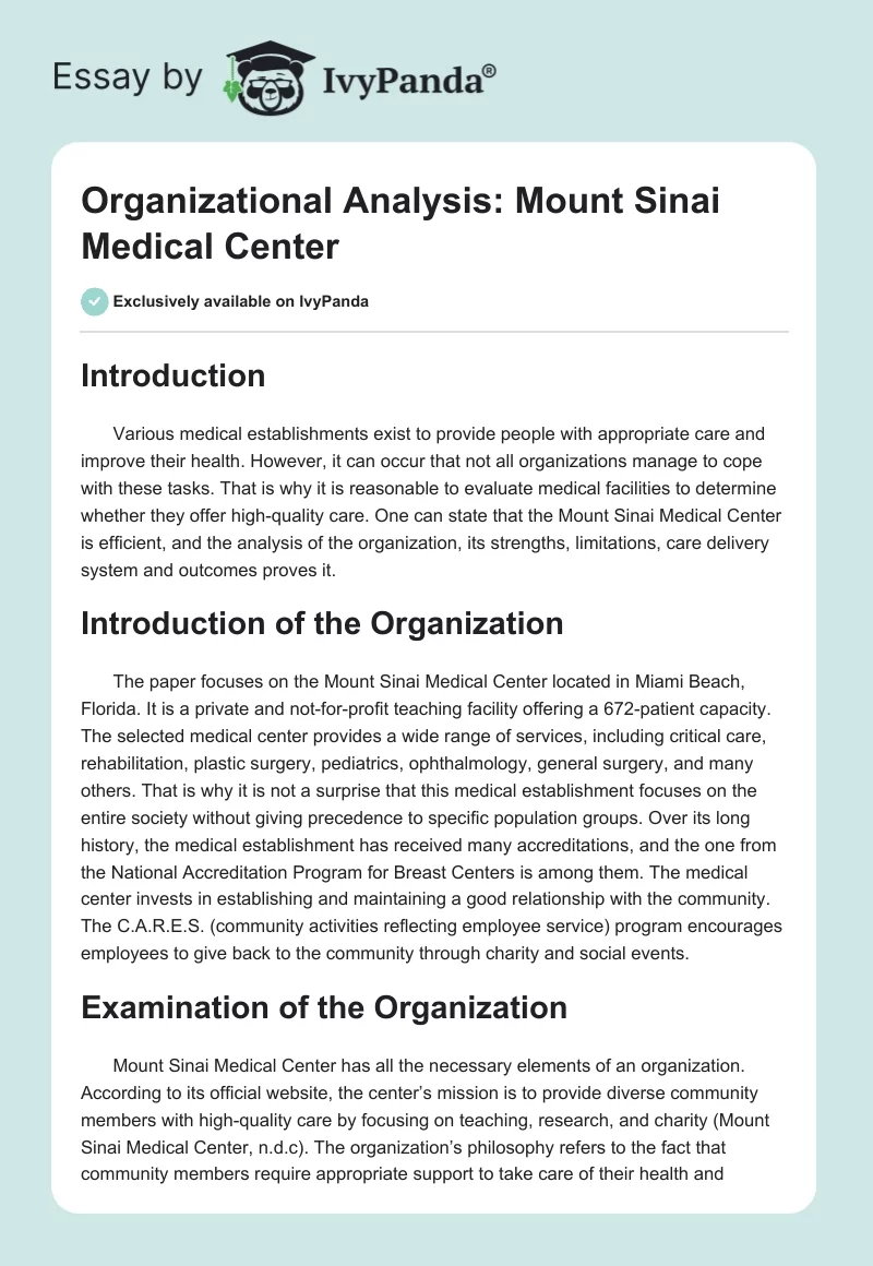 Organizational Analysis: Mount Sinai Medical Center. Page 1