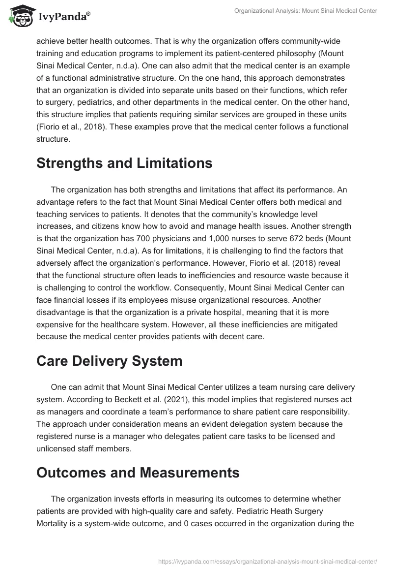 Organizational Analysis: Mount Sinai Medical Center. Page 2
