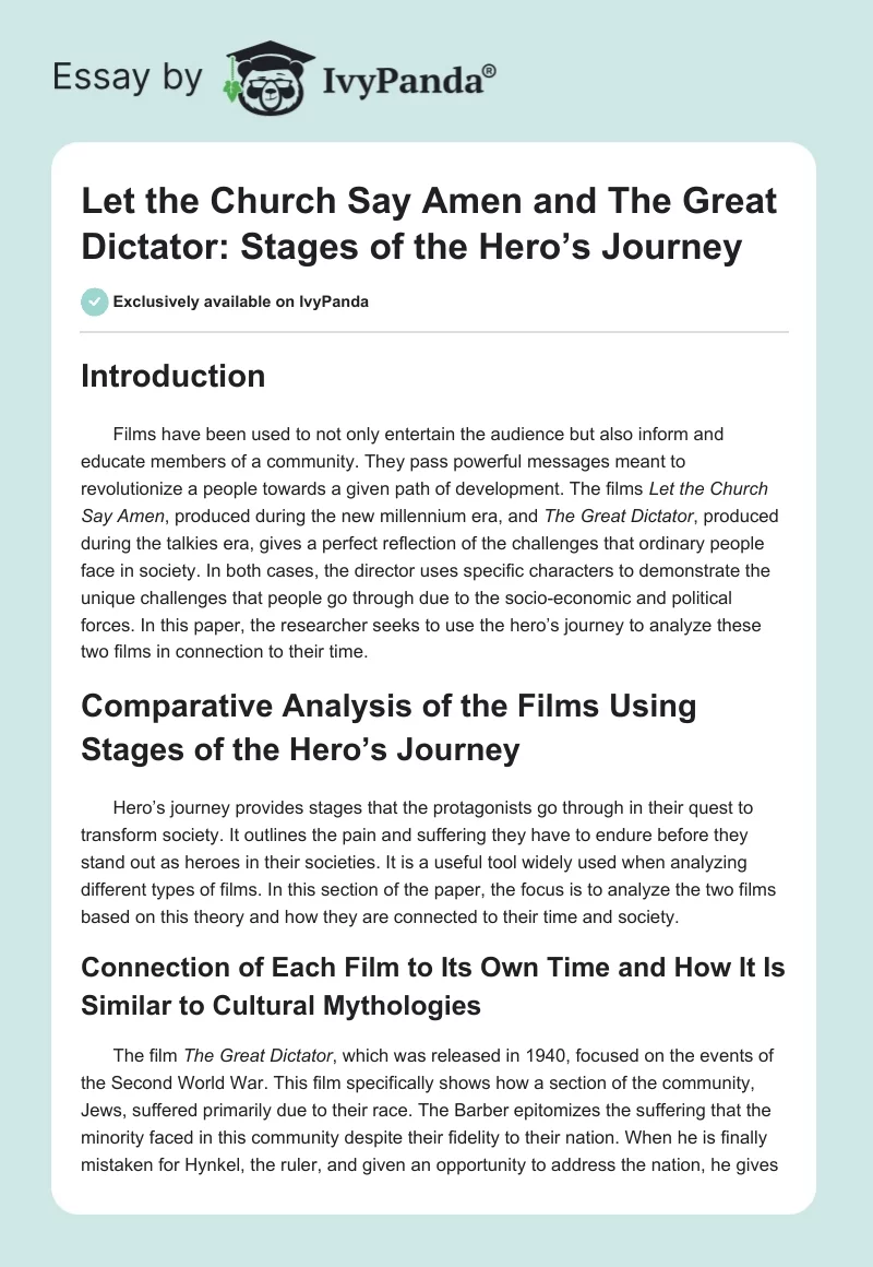 "Let the Church Say Amen" and "The Great Dictator": Stages of the Hero’s Journey. Page 1