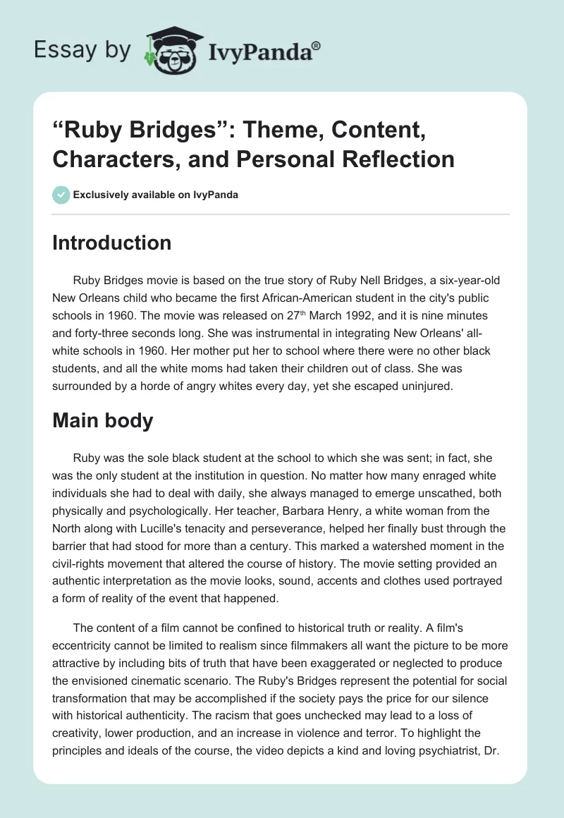 “Ruby Bridges”: Theme, Content, Characters, and Personal Reflection. Page 1