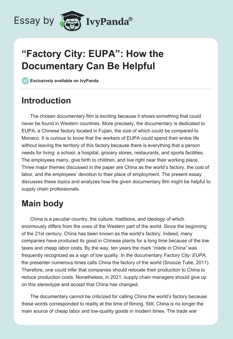 “Factory City: EUPA”: How the Documentary Can Be Helpful. Page 1