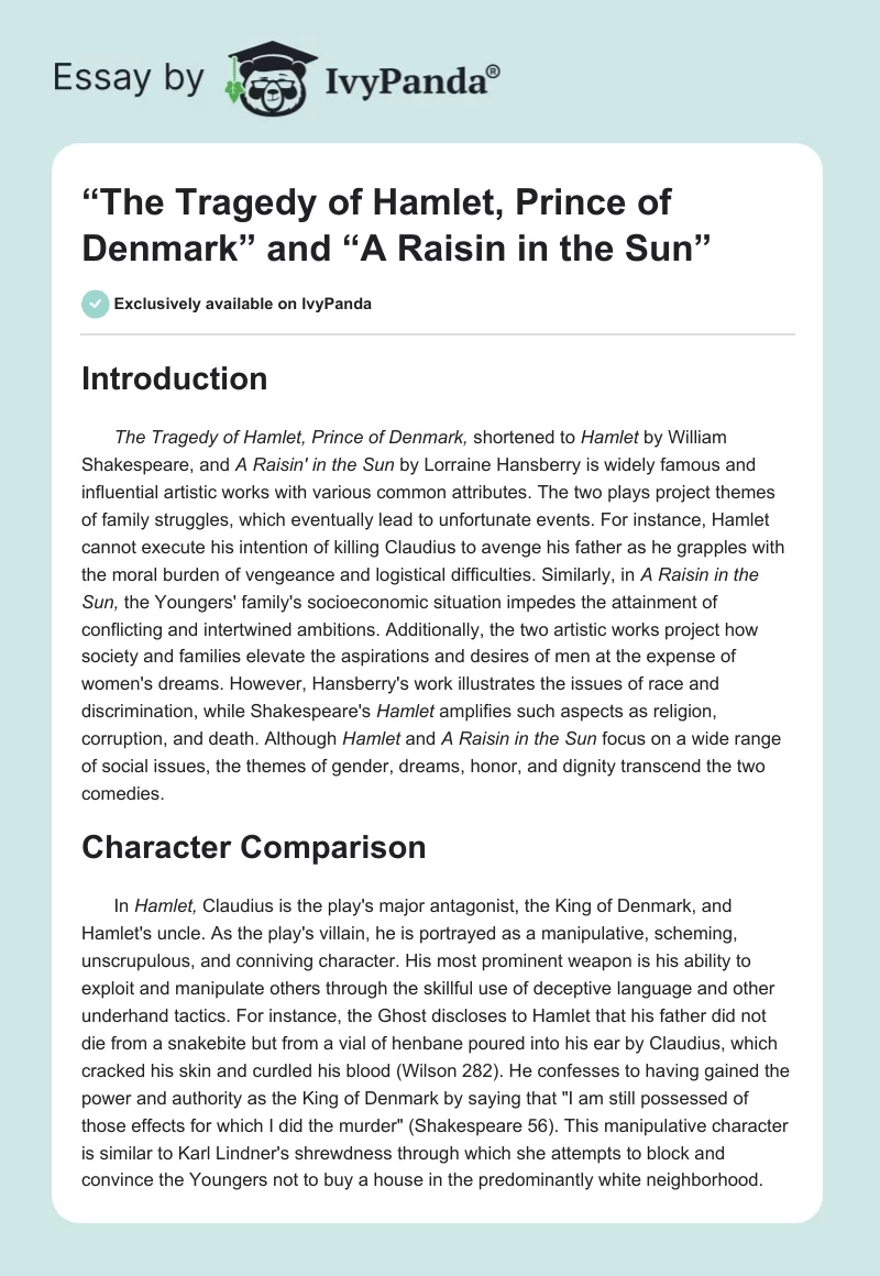 “The Tragedy of Hamlet, Prince of Denmark” and “A Raisin in the Sun”. Page 1