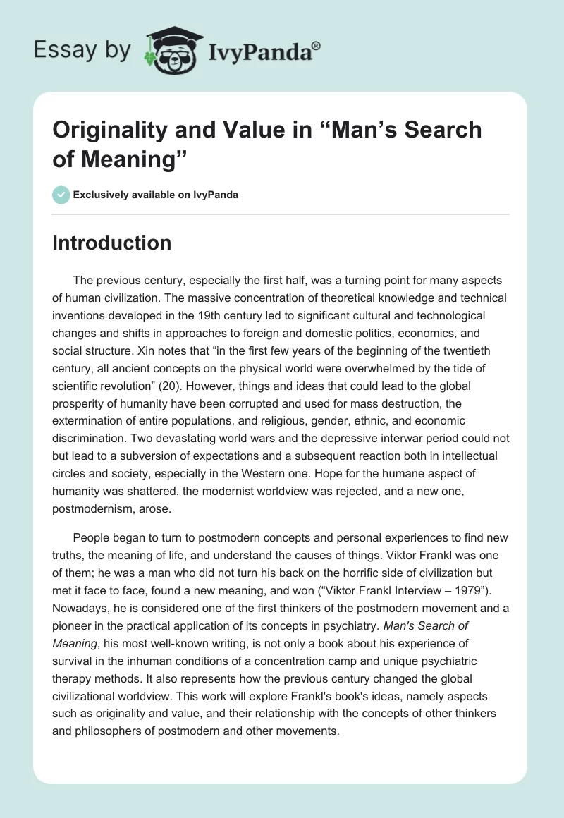 Originality and Value in “Man’s Search of Meaning”. Page 1