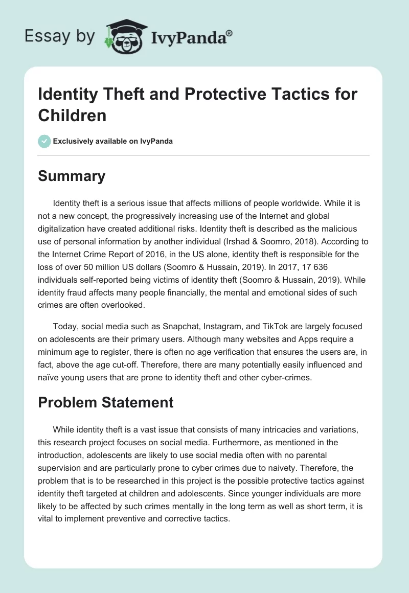 Identity Theft and Protective Tactics for Children. Page 1