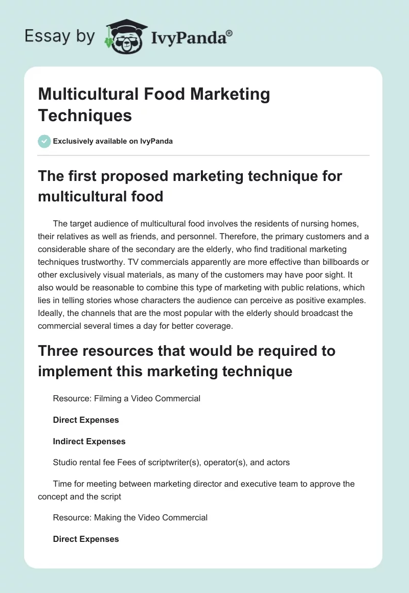Multicultural Food Marketing Techniques. Page 1