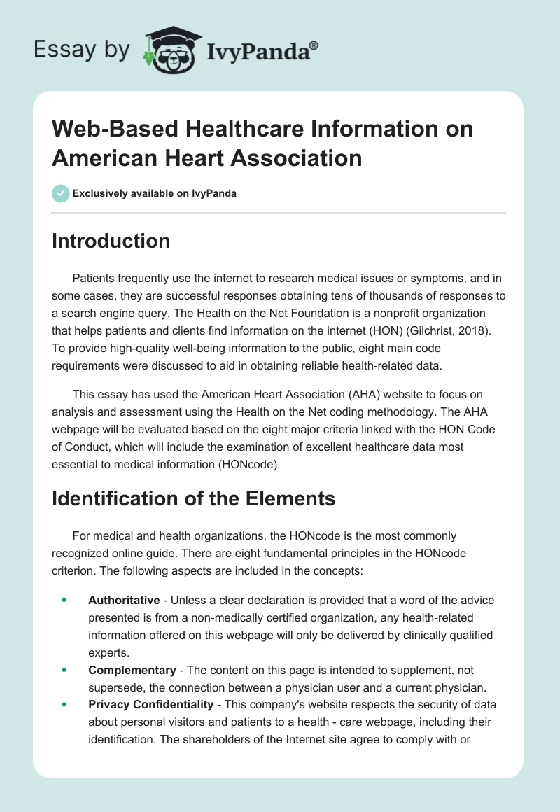 Web-Based Healthcare Information on American Heart Association. Page 1