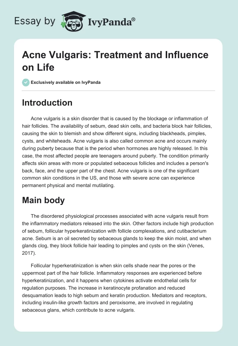 Acne Vulgaris: Treatment and Influence on Life. Page 1