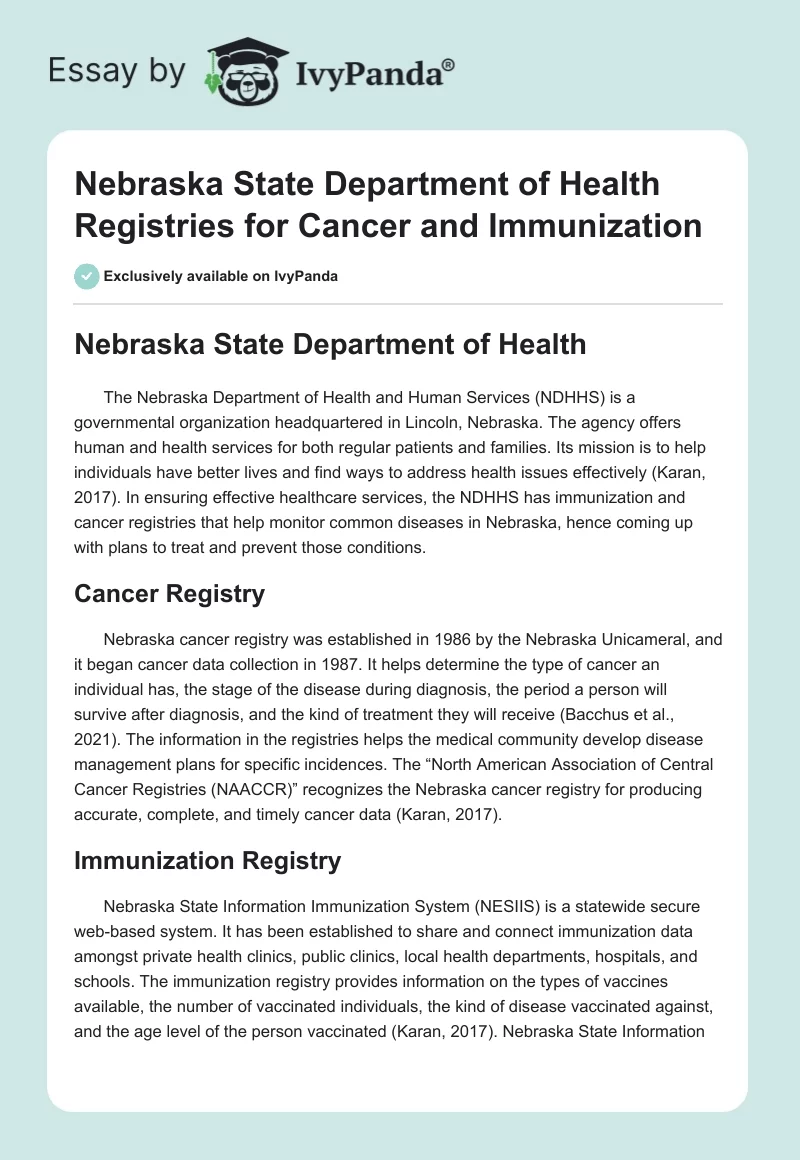 Nebraska State Department of Health Registries for Cancer and Immunization. Page 1