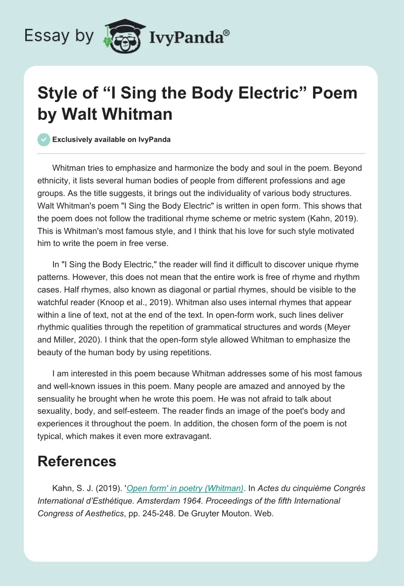 Style of “I Sing the Body Electric” Poem by Walt Whitman. Page 1