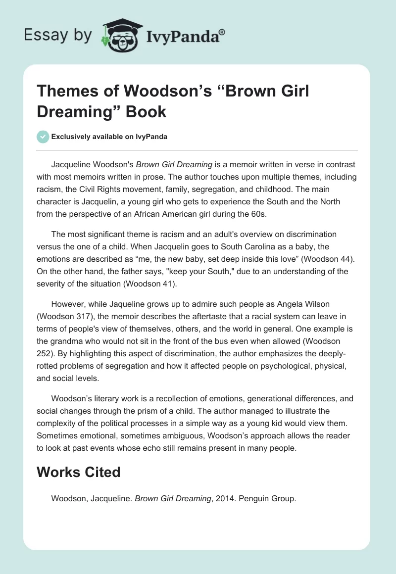Themes of Woodson’s “Brown Girl Dreaming” Book. Page 1