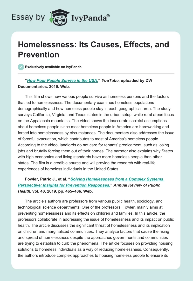 Homelessness: Its Causes, Effects, and Prevention. Page 1