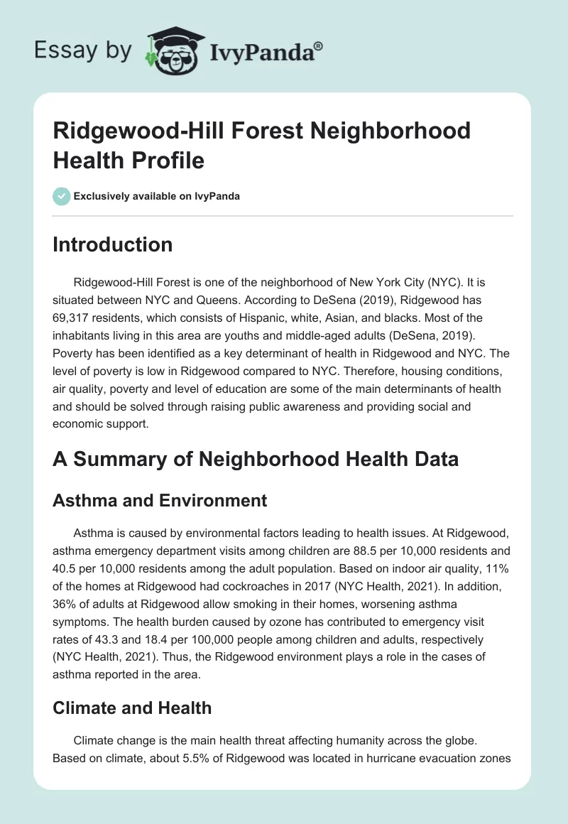 Ridgewood-Hill Forest Neighborhood Health Profile. Page 1