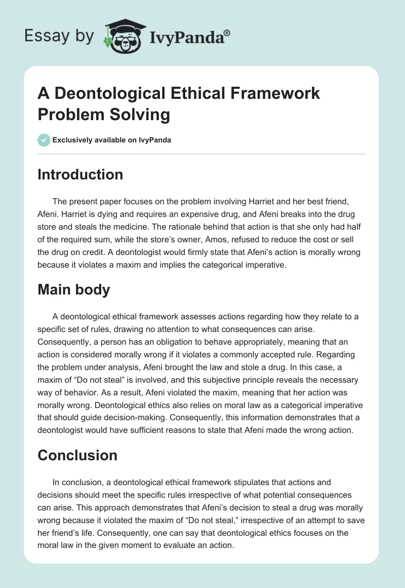 A Deontological Ethical Framework Problem Solving. Page 1