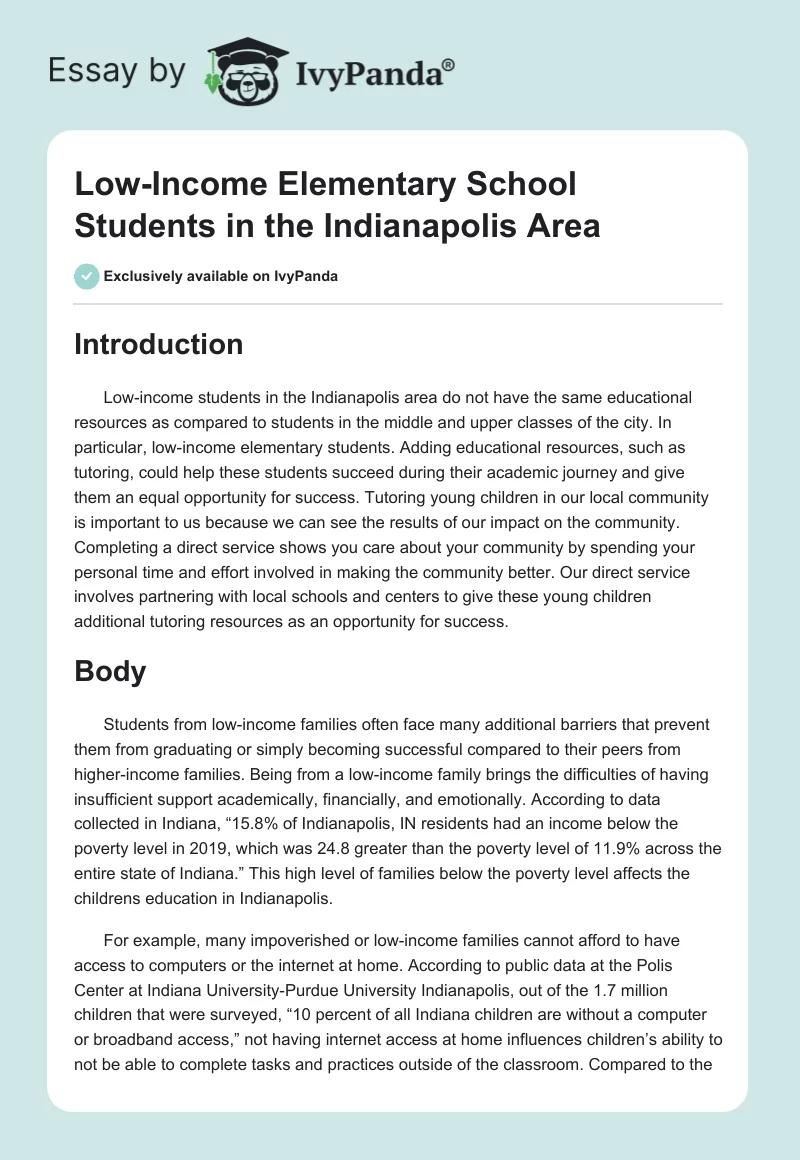 Low-Income Elementary School Students in the Indianapolis Area. Page 1