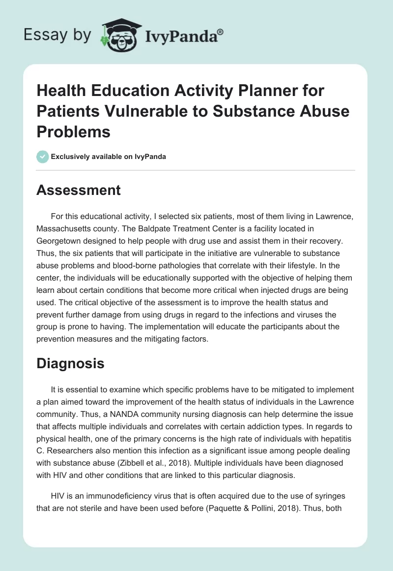 Health Education Activity Planner for Patients Vulnerable to Substance Abuse Problems. Page 1