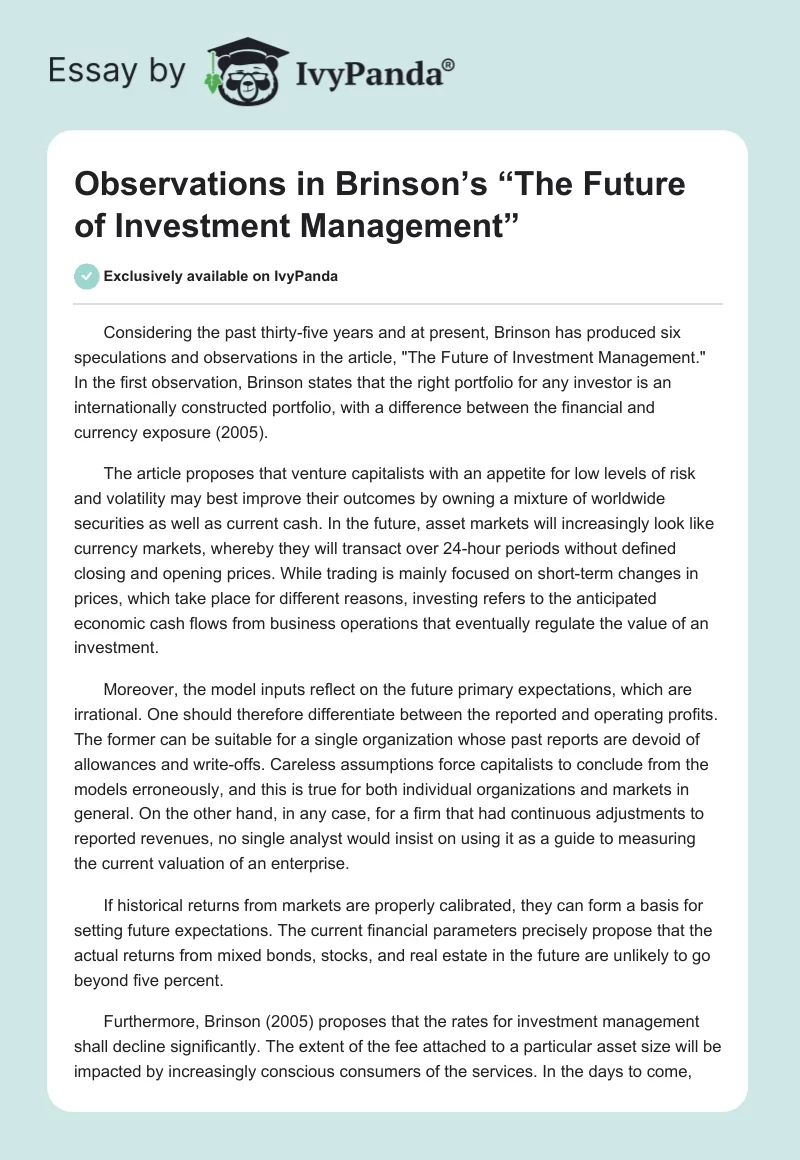 Observations in Brinson’s “The Future of Investment Management”. Page 1