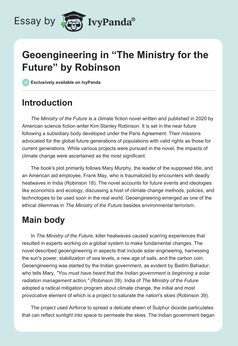 Geoengineering in “The Ministry for the Future” by Robinson. Page 1