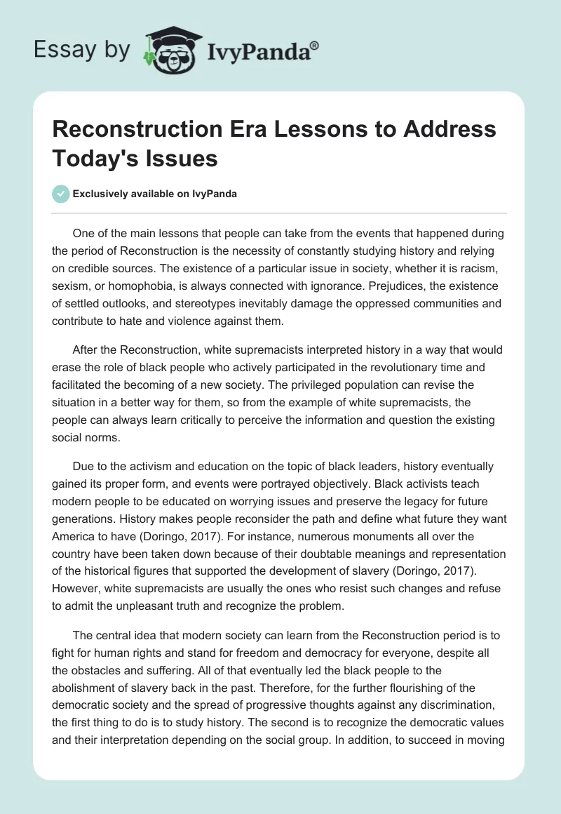 Reconstruction Era Lessons to Address Today's Issues. Page 1