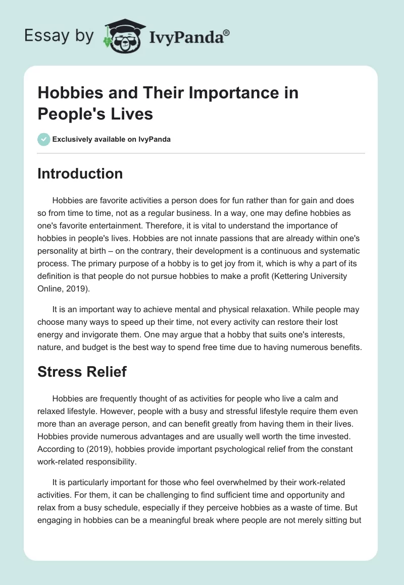 Hobbies and Their Importance in People's Lives. Page 1