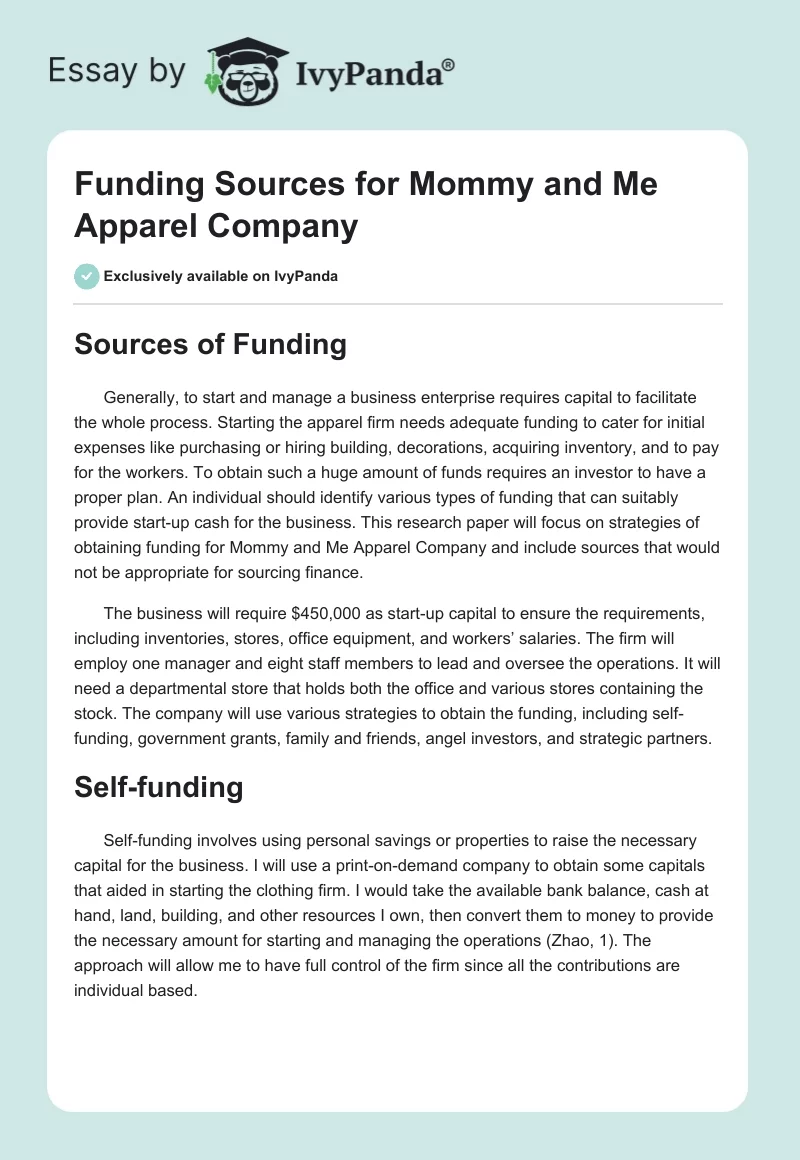 Funding Sources for Mommy and Me Apparel Company. Page 1