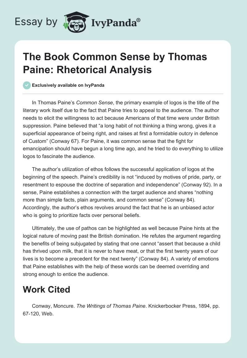 The Book "Common Sense" by Thomas Paine: Rhetorical Analysis. Page 1