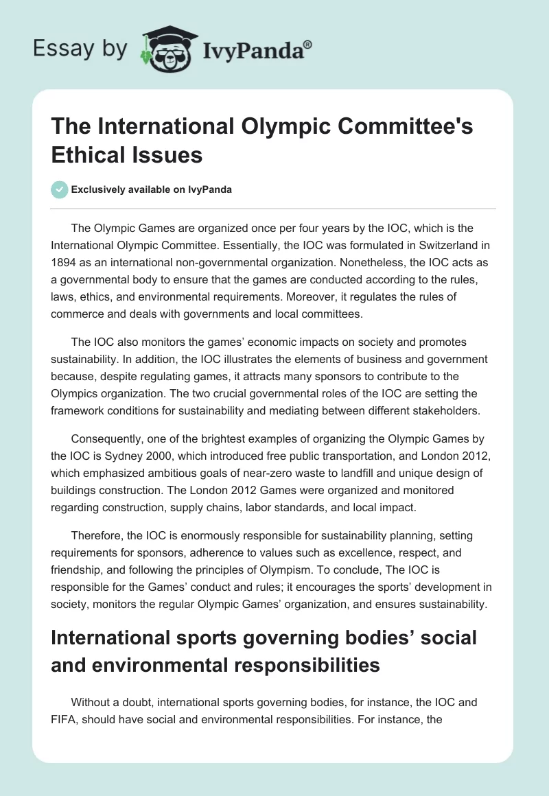 The International Olympic Committee's Ethical Issues. Page 1