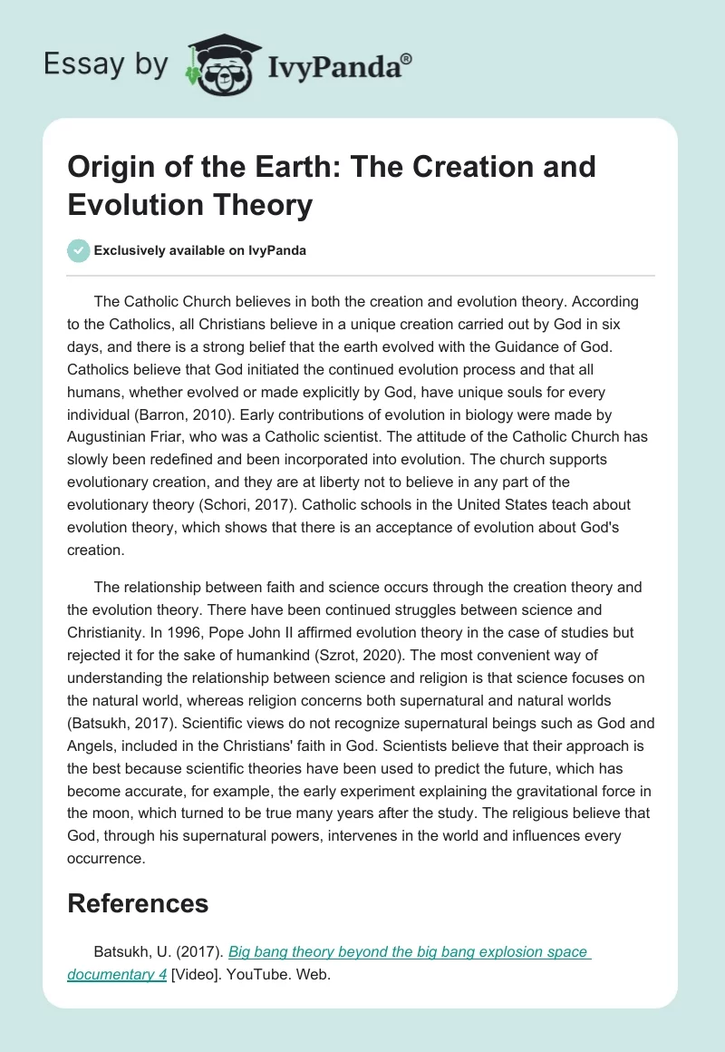 Origin of the Earth: The Creation and Evolution Theory. Page 1