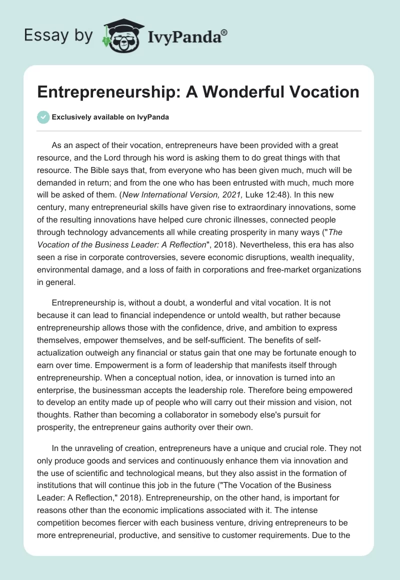 Entrepreneurship: A Wonderful Vocation. Page 1
