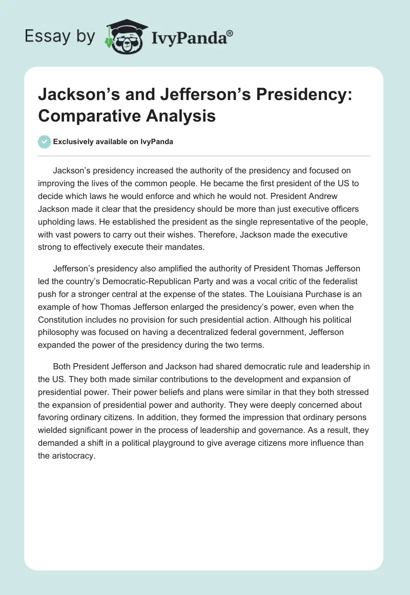 Jackson’s and Jefferson’s Presidency: Comparative Analysis. Page 1
