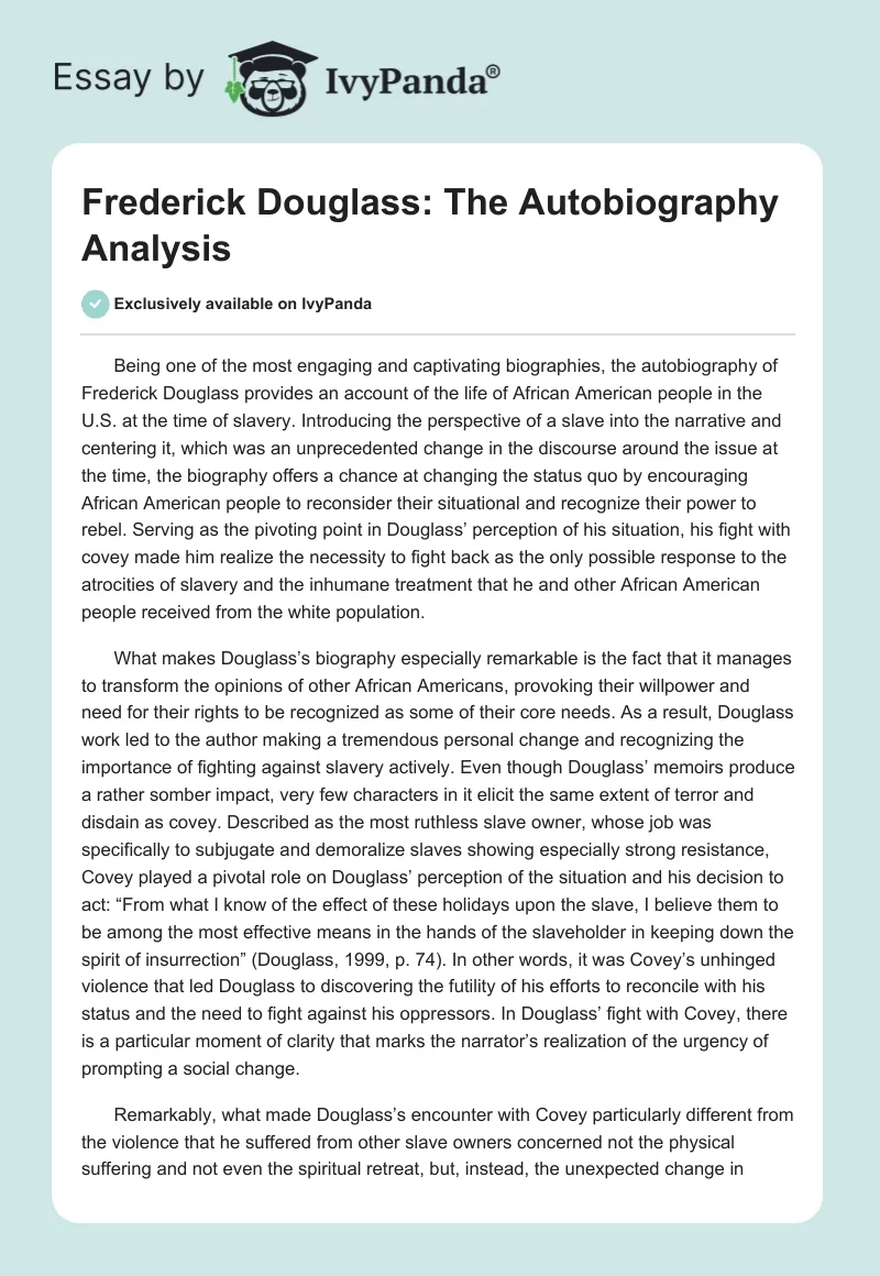 Frederick Douglass: The Autobiography Analysis. Page 1