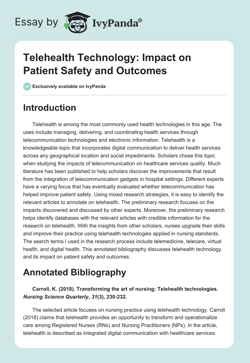 Telehealth Technology: Impact on Patient Safety and Outcomes. Page 1