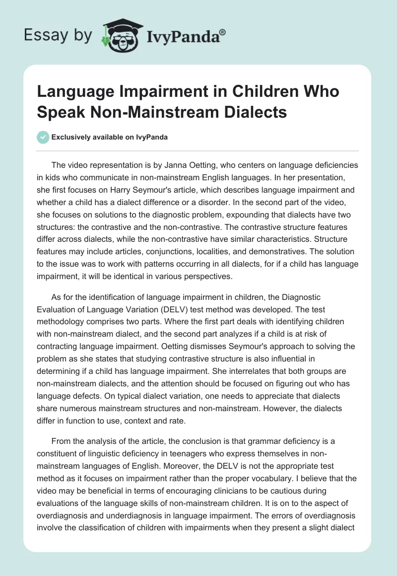 Language Impairment in Children Who Speak Non-Mainstream Dialects. Page 1