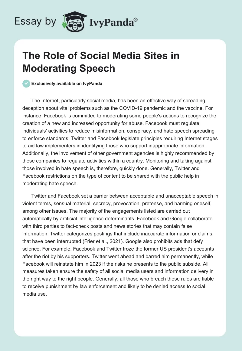The Role of Social Media Sites in Moderating Speech. Page 1