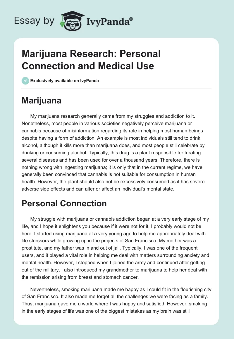 Marijuana Research: Personal Connection and Medical Use. Page 1