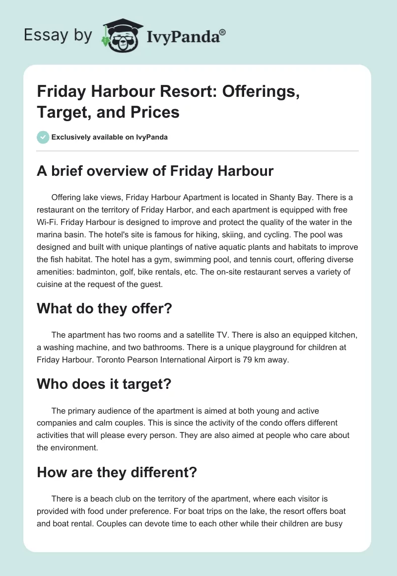 Friday Harbour Resort: Offerings, Target, and Prices. Page 1
